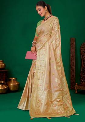 Beige meenakari zari weaving zari tissue silk saree with blouse 2