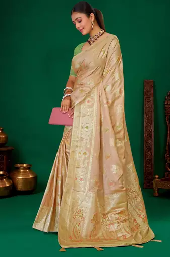 Beige meenakari zari weaving zari tissue silk saree with blouse