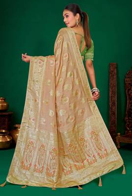 Beige meenakari zari weaving zari tissue silk saree with blouse 3