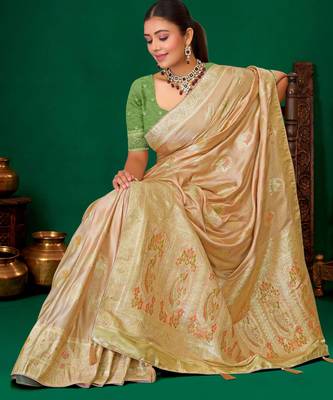 Beige meenakari zari weaving zari tissue silk saree with blouse 5