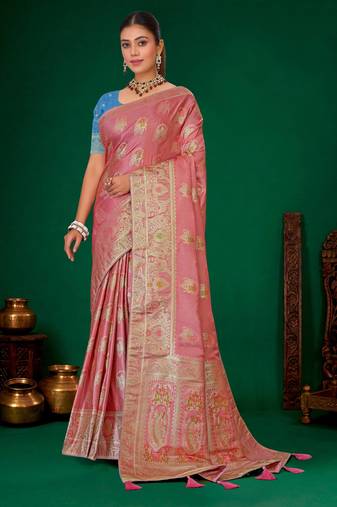 Onion pink meenakari zari weaving zari tissue silk saree with blouse