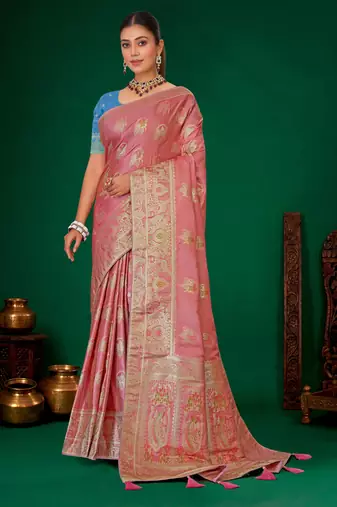Onion pink meenakari zari weaving zari tissue silk saree with blouse