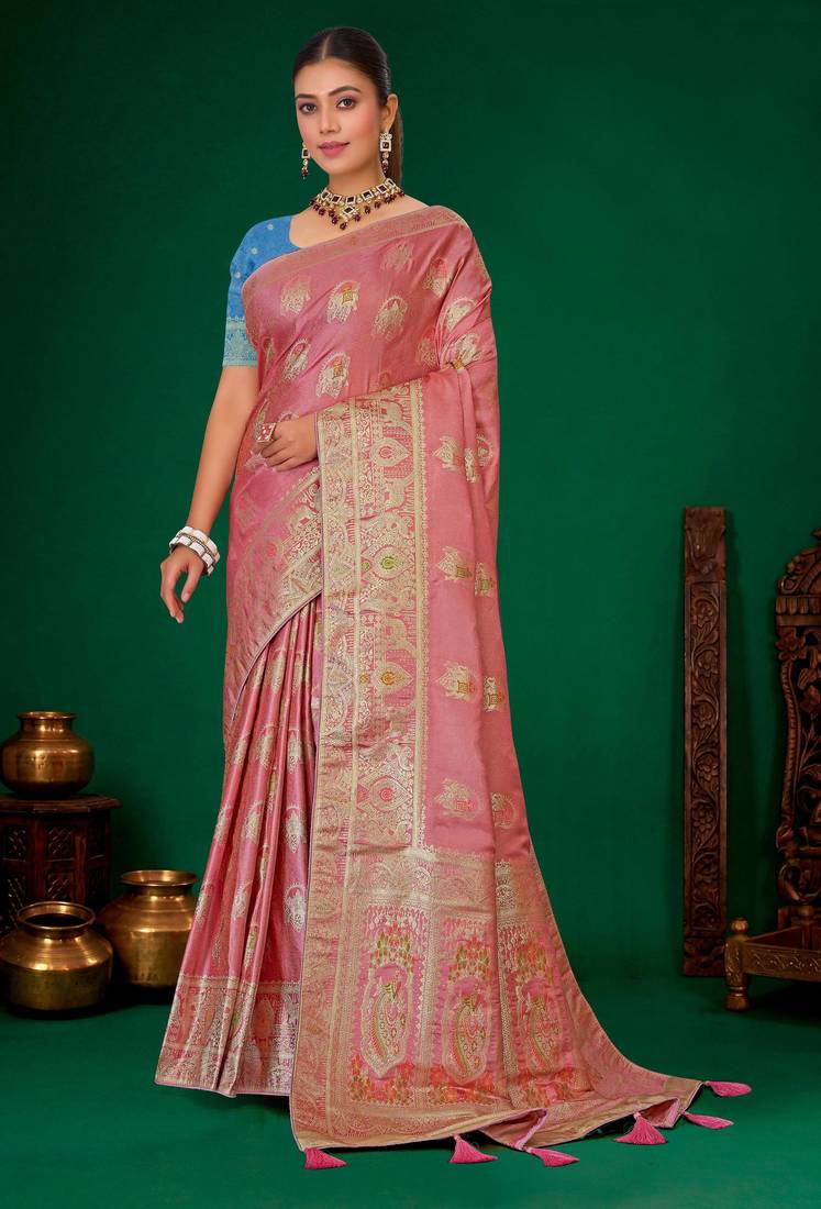 Onion pink meenakari zari weaving zari tissue silk saree with blouse