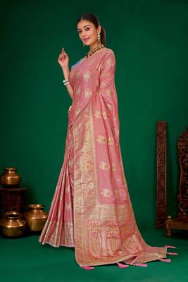 Onion pink meenakari zari weaving zari tissue silk saree with blouse 2