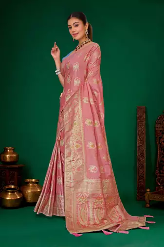 Onion pink meenakari zari weaving zari tissue silk saree with blouse