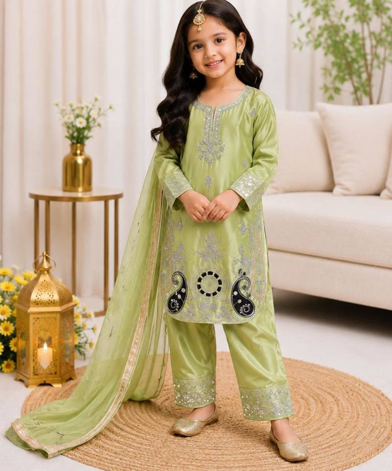 Kids Girls Top Palazzo with Dupatta Embroidery Work