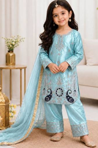 Kids Girls Top Palazzo with Dupatta Embroidery Work
