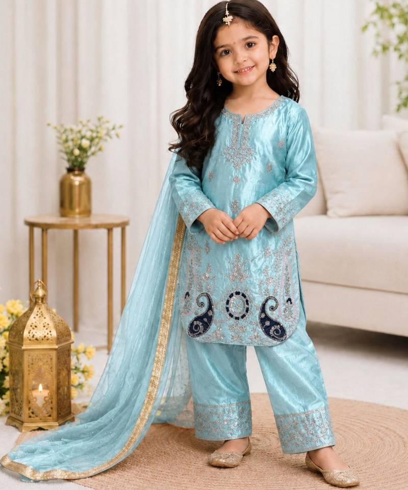 Kids Girls Top Palazzo with Dupatta Embroidery Work