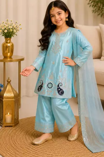 Kids Girls Top Palazzo with Dupatta Embroidery Work