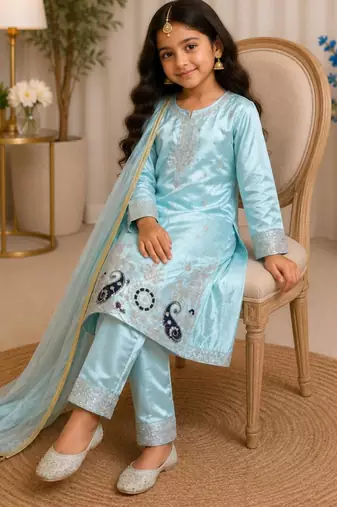 Kids Girls Top Palazzo with Dupatta Embroidery Work