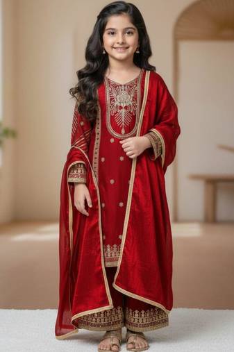 Kids Girls Top Palazzo with Dupatta Embroidery Work