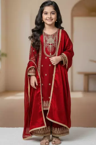 Kids Girls Top Palazzo with Dupatta Embroidery Work