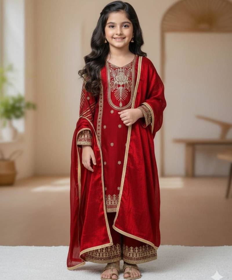Kids Girls Top Palazzo with Dupatta Embroidery Work