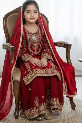 Kids Girls Top Palazzo with Dupatta Embroidery Work