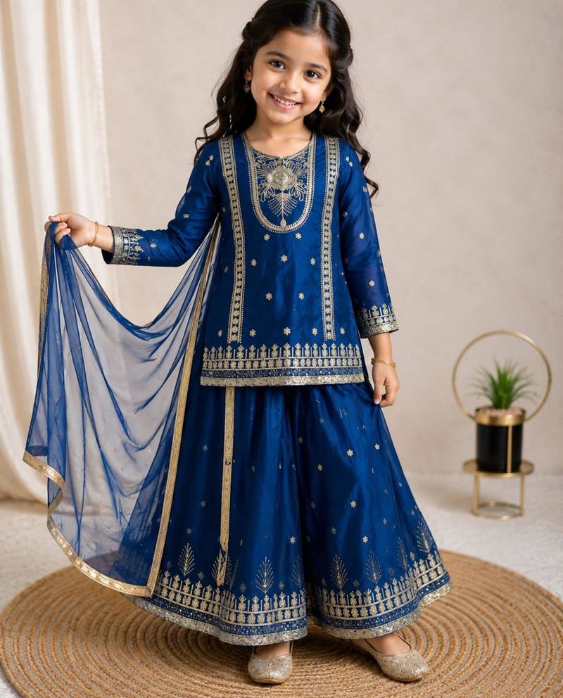Kids Girls Top Palazzo with Dupatta Embroidery Work
