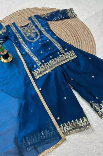 Kids Girls Top Palazzo with Dupatta Embroidery Work