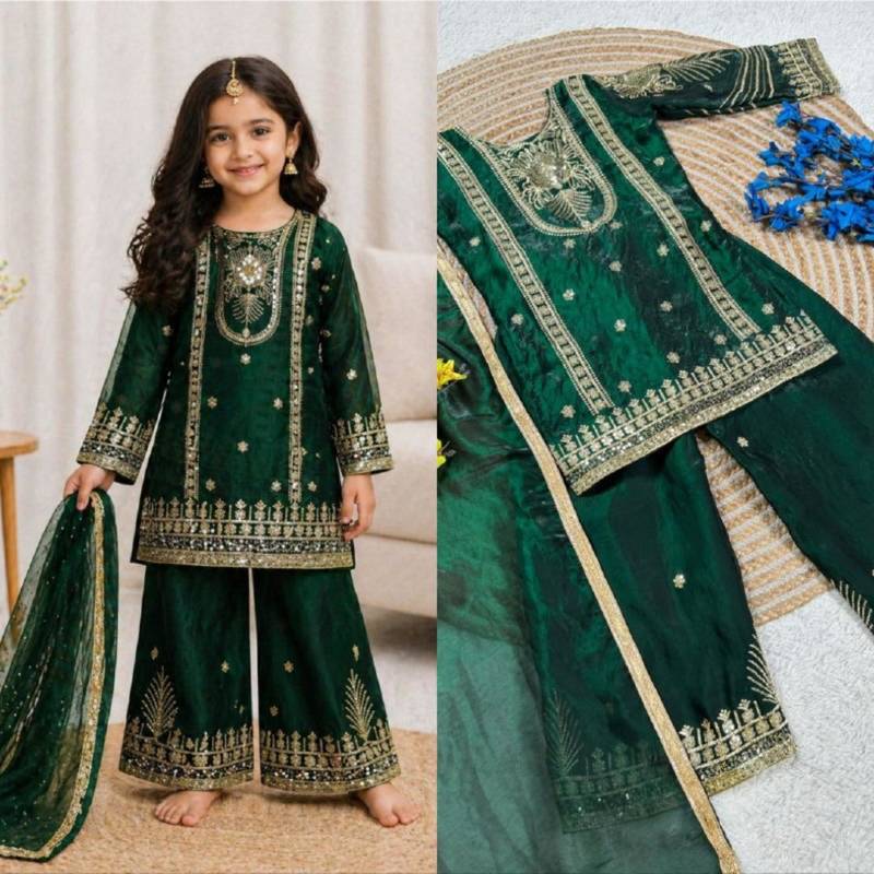 Kids Girls Top Palazzo with Dupatta Embroidery Work