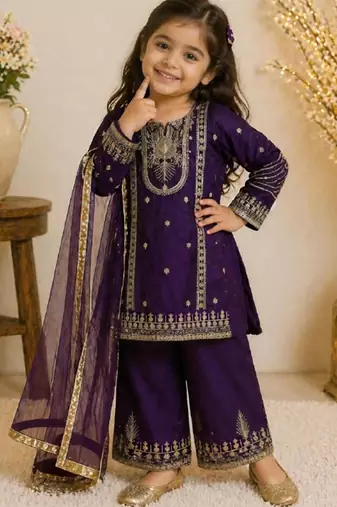 Kids Girls Top Palazzo with Dupatta Embroidery Work