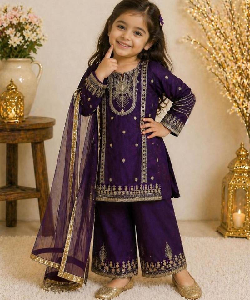 Kids Girls Top Palazzo with Dupatta Embroidery Work