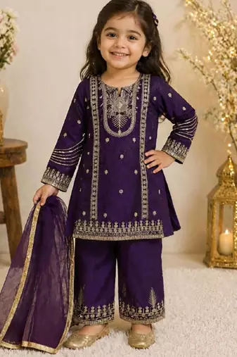 Kids Girls Top Palazzo with Dupatta Embroidery Work