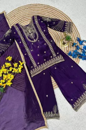 Kids Girls Top Palazzo with Dupatta Embroidery Work