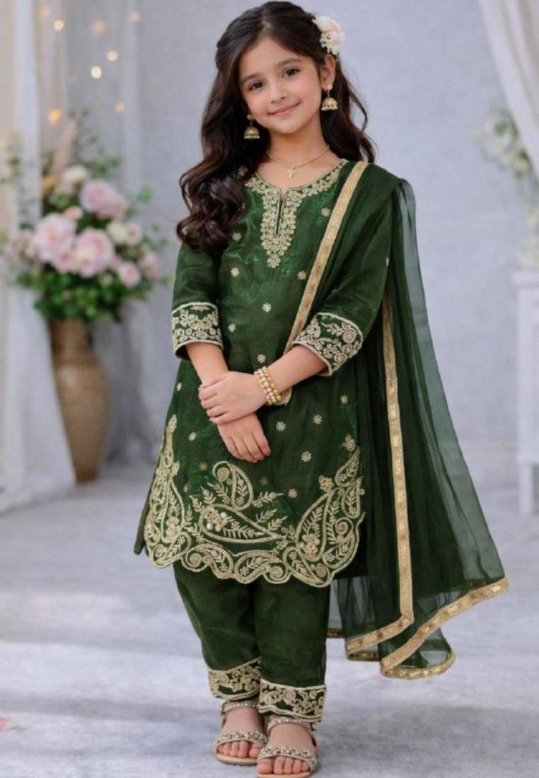 Kids Girls Top Palazzo with Dupatta Embroidery Work