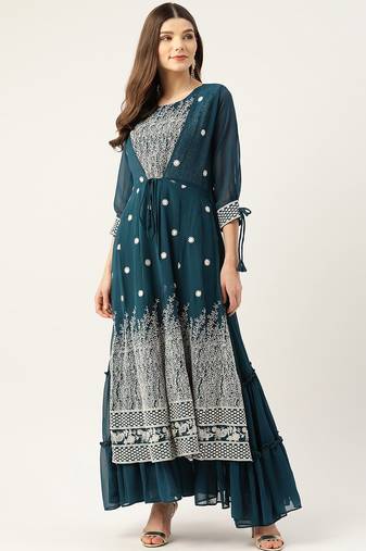 Women teal green georgette sequins embroidered party wear gown