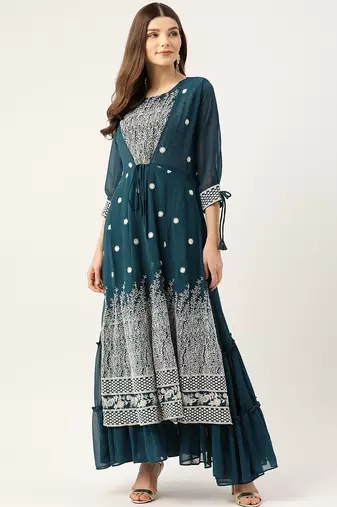 Women teal green georgette sequins embroidered party wear gown