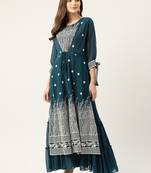 Women teal green georgette sequins embroidered party wear gown