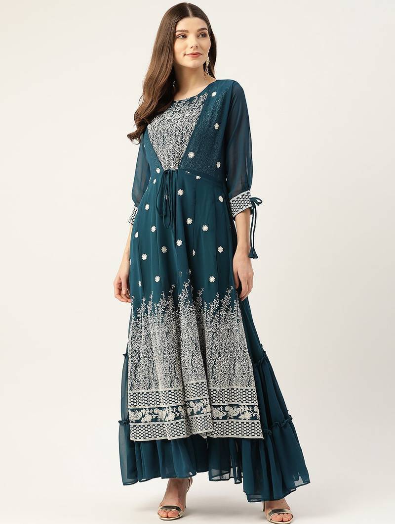 Women teal green georgette sequins embroidered party wear gown