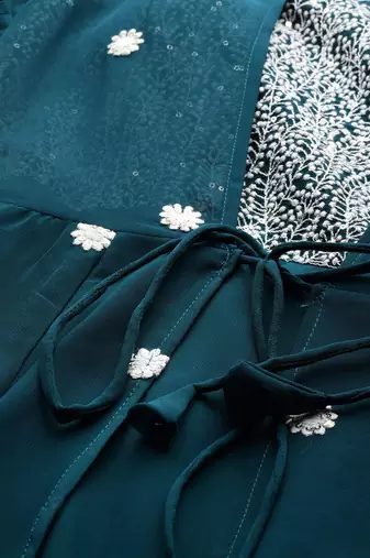 Women teal green georgette sequins embroidered party wear gown