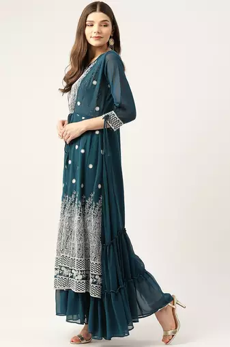 Women teal green georgette sequins embroidered party wear gown