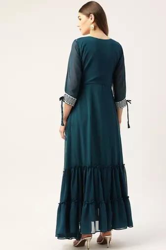 Women teal green georgette sequins embroidered party wear gown