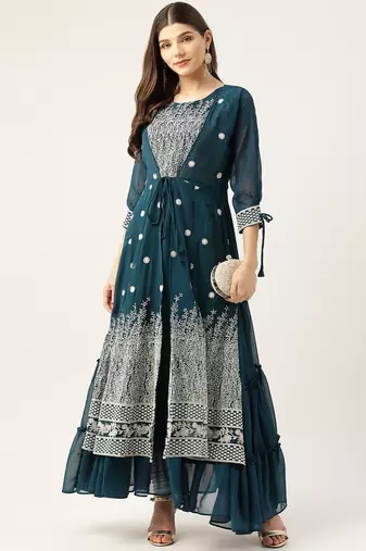 Women teal green georgette sequins embroidered party wear gown