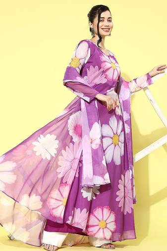 Floral printed organza kurta with dupatta