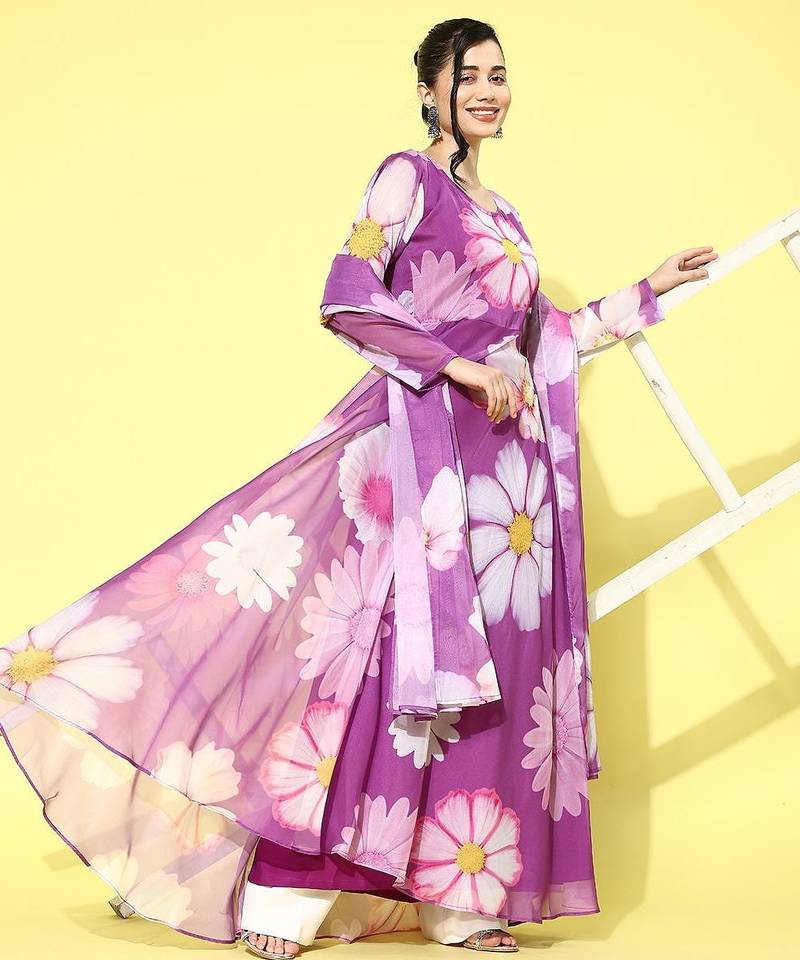 Floral printed organza kurta with dupatta