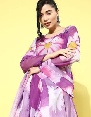 Floral printed organza kurta with dupatta 2