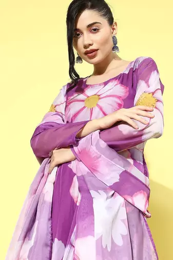 Floral printed organza kurta with dupatta