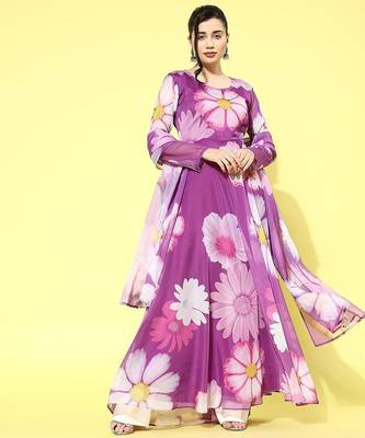 Floral printed organza kurta with dupatta 3