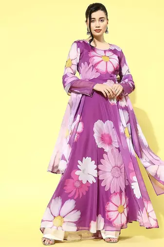 Floral printed organza kurta with dupatta