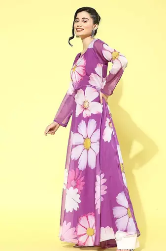 Floral printed organza kurta with dupatta