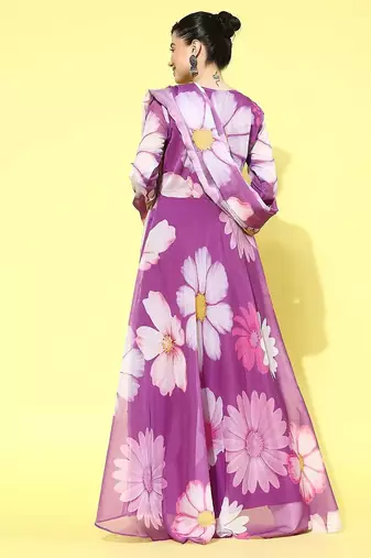 Floral printed organza kurta with dupatta