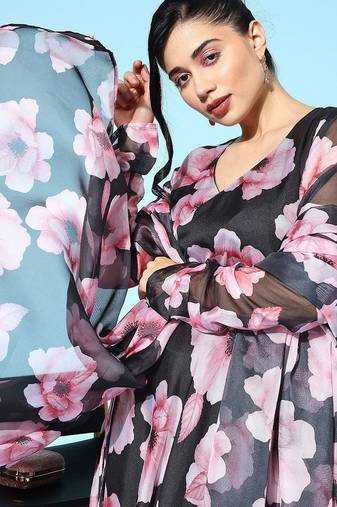 Floral printed organza kurta with dupatta