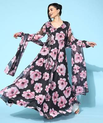 Floral printed organza kurta with dupatta 3