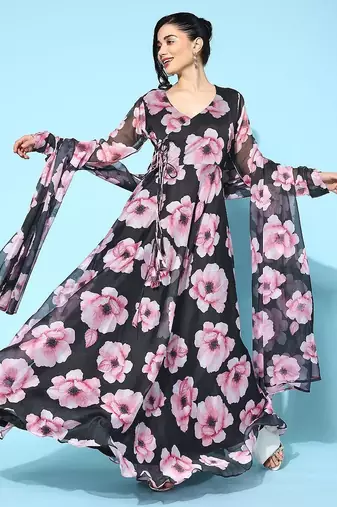 Floral printed organza kurta with dupatta
