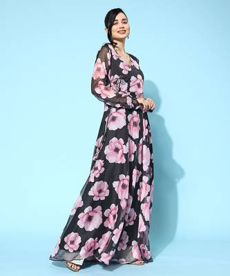 Floral printed organza kurta with dupatta 4