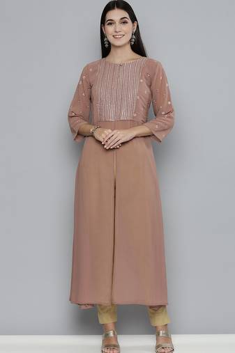 Women brown yoke design keyhole neck georgette kurta