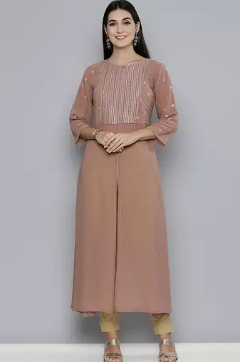 Women brown yoke design keyhole neck georgette kurta