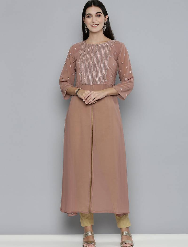 Women brown yoke design keyhole neck georgette kurta