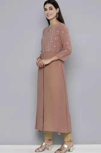 Women brown yoke design keyhole neck georgette kurta